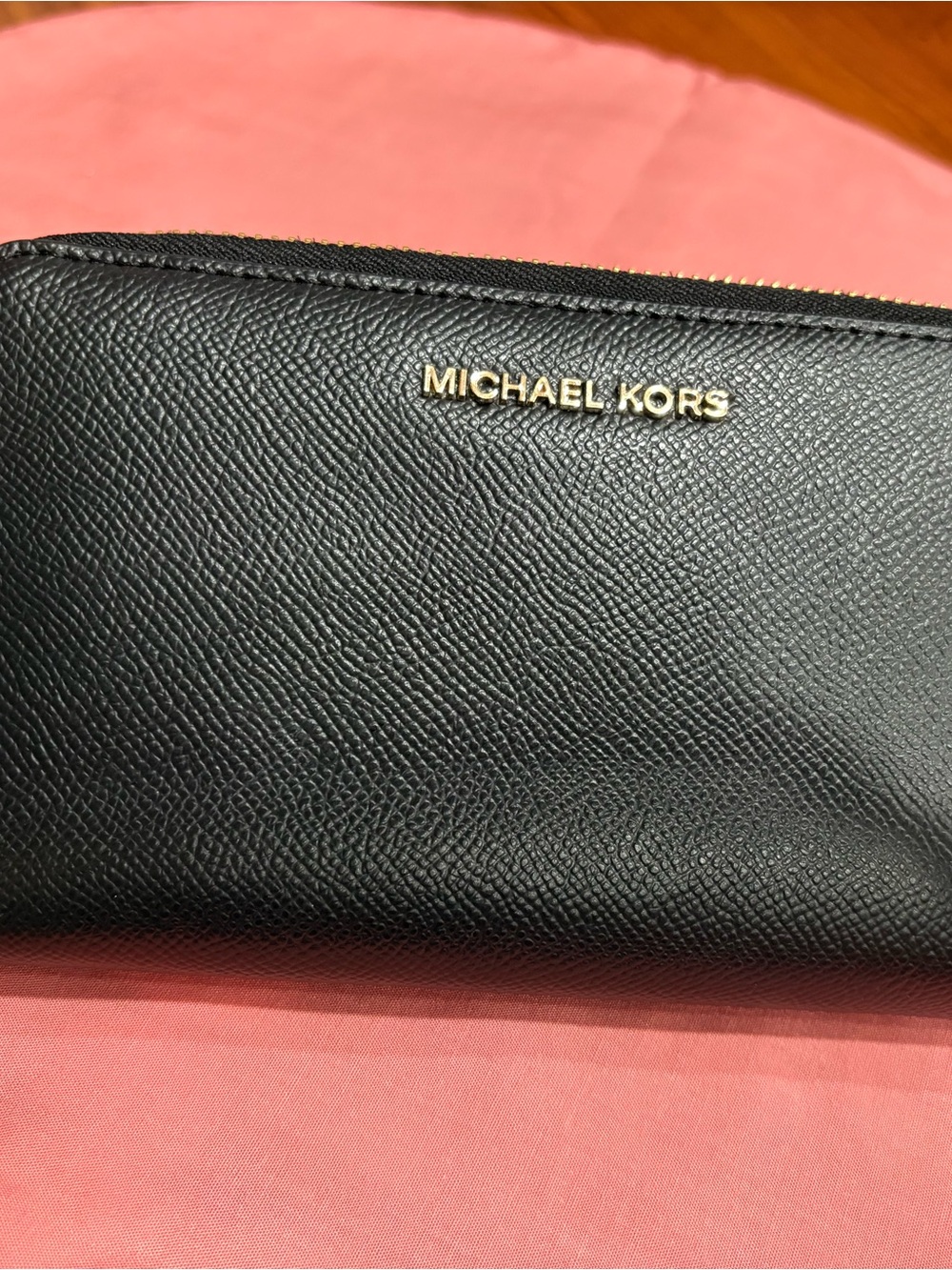 Michael Kors Black Leather Zip-Around Wallet with Gold Hardware